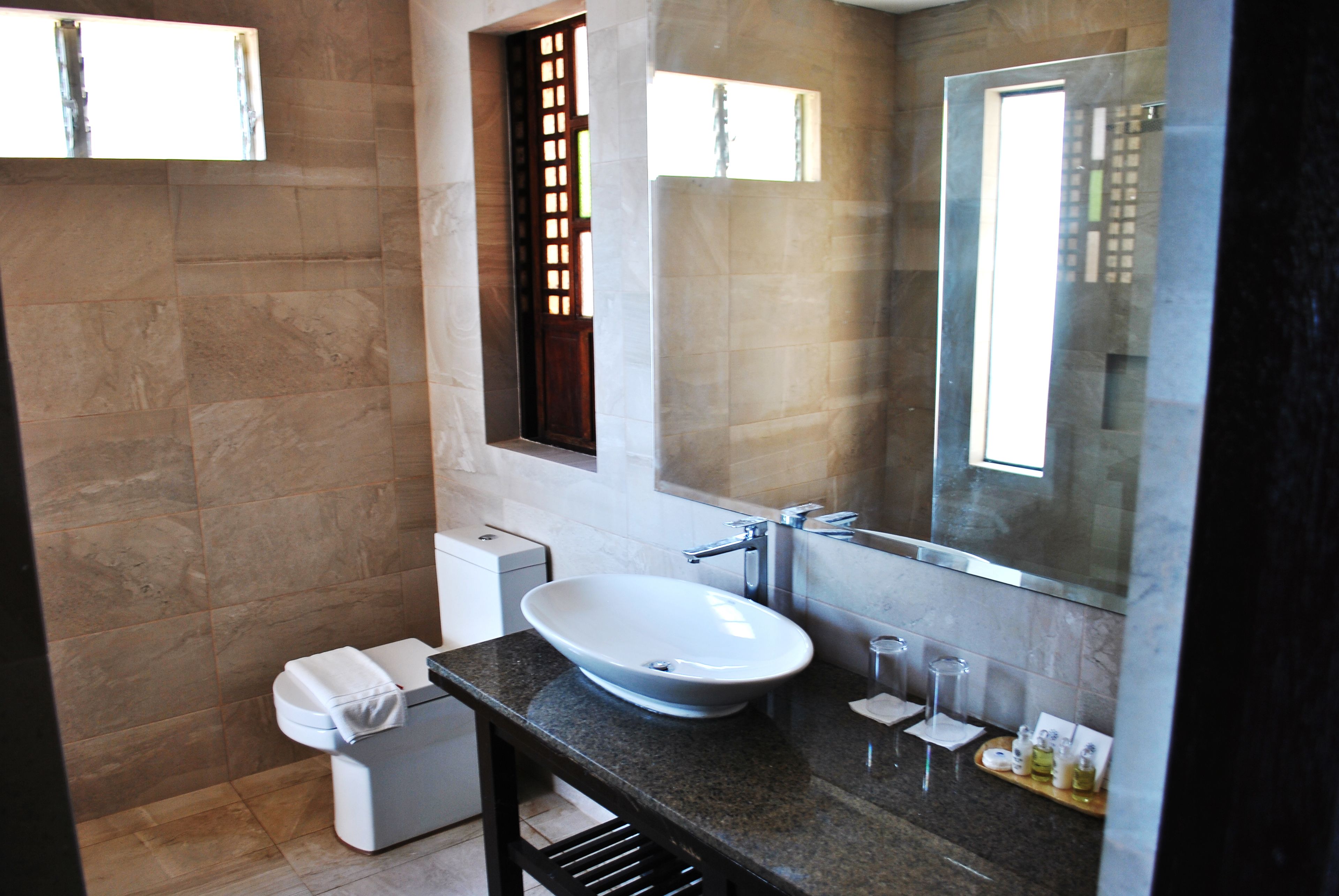 A modern bathroom with a large oval sink, a mirror, and a toilet.