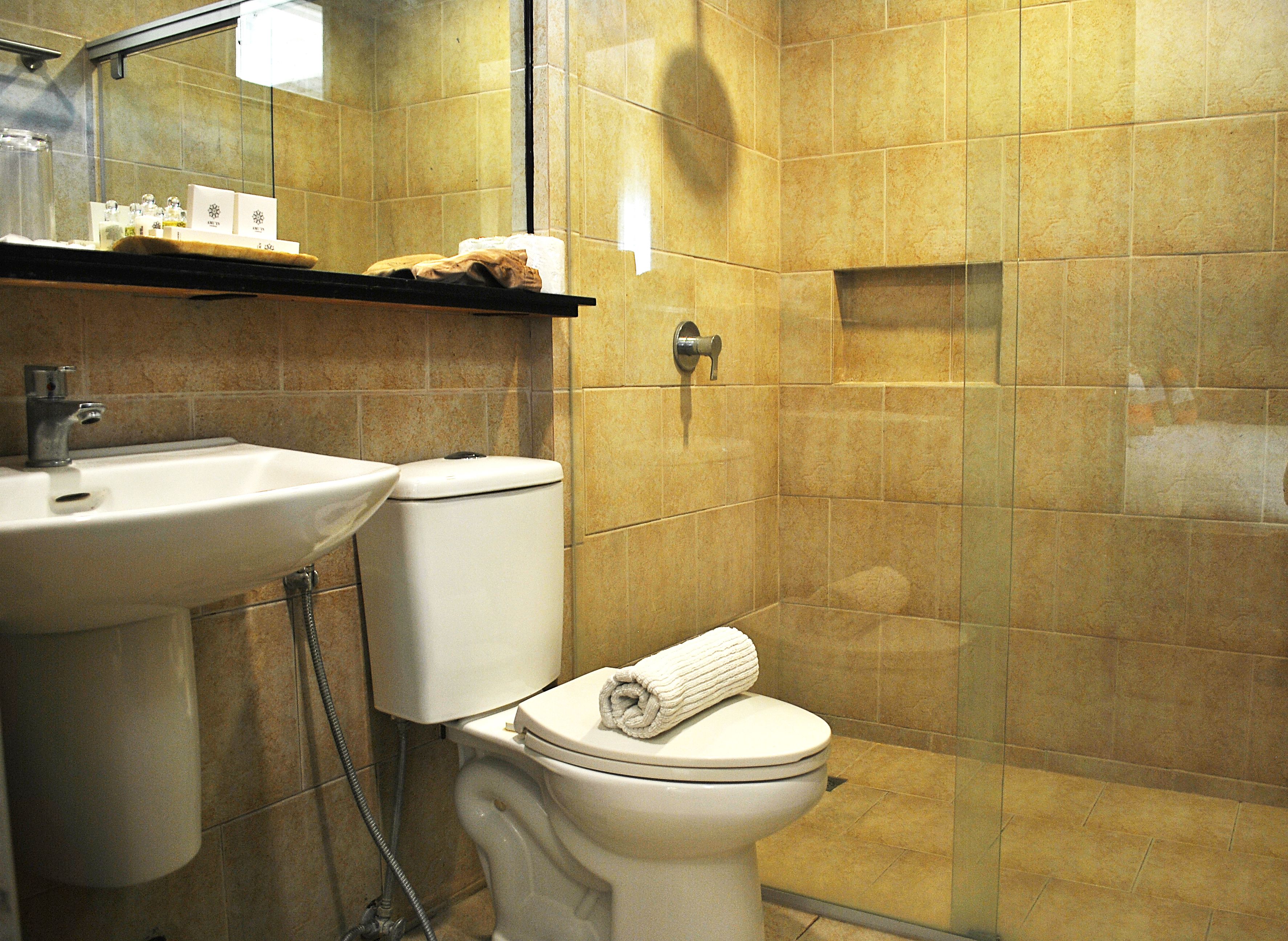 Ein Badezimmer mit Waschbecken, Toilette und Dusche.