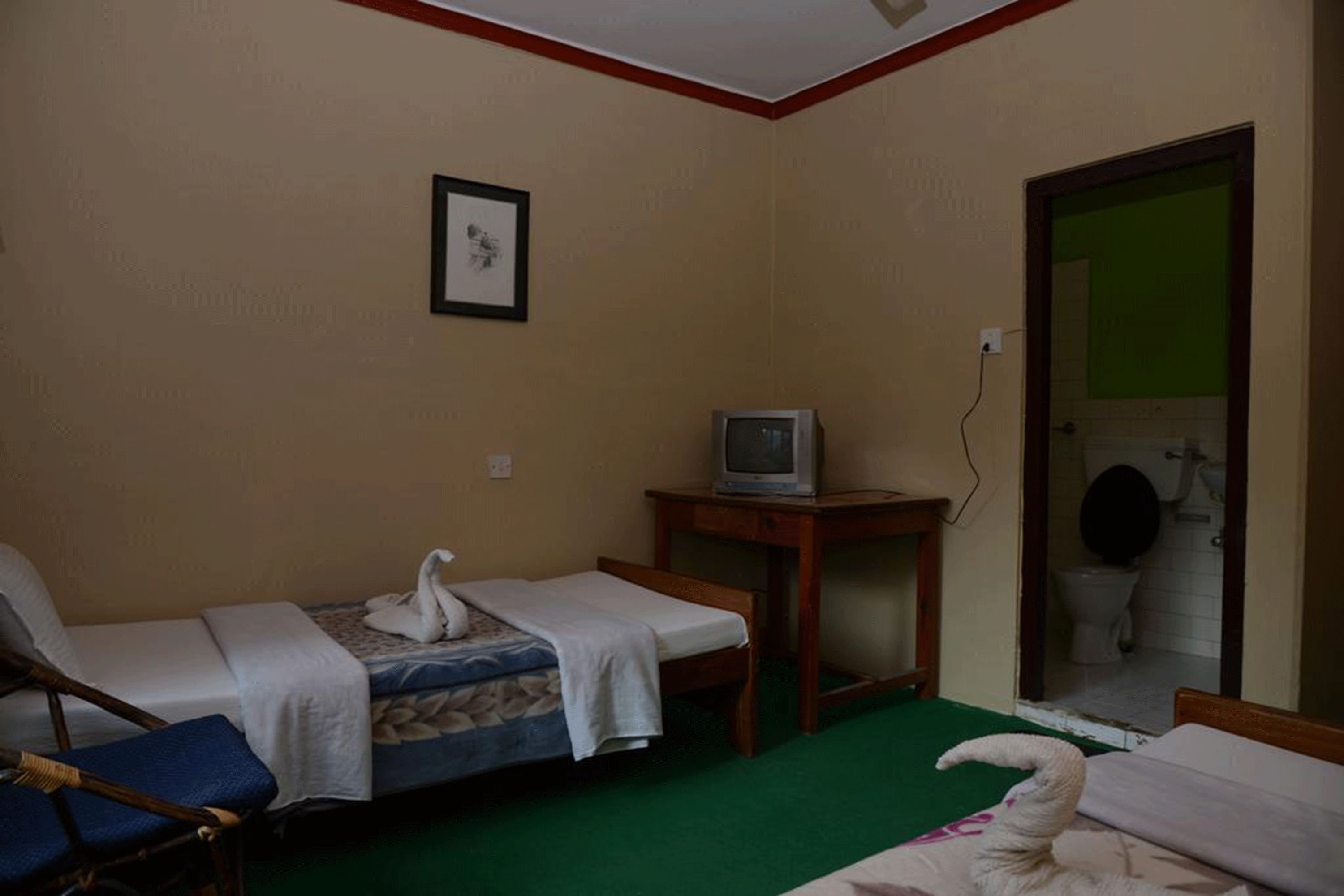 A small, single-room hotel room with a bed, a chair, a small table with a television, and a green carpet.
