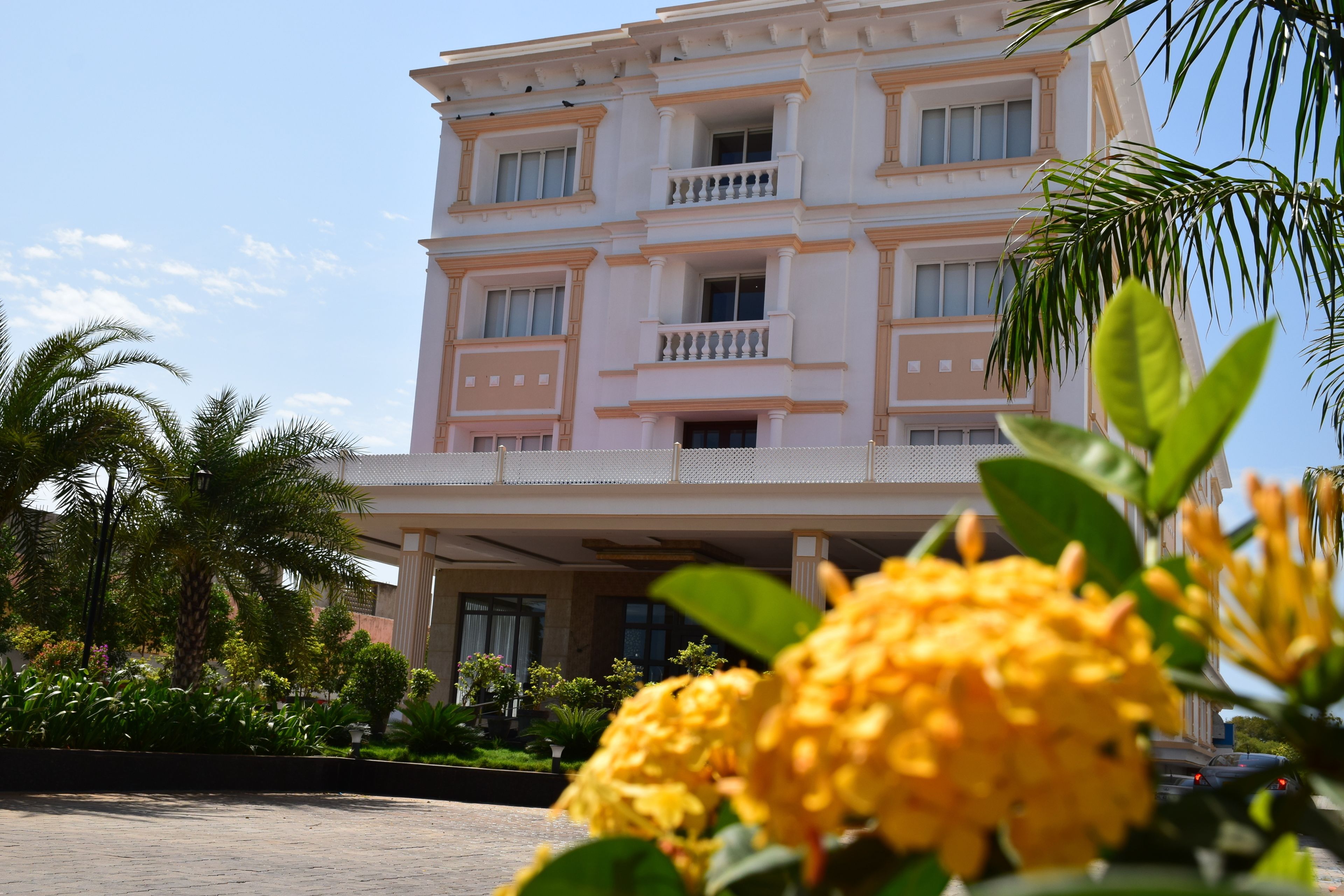 A multi-story hotel with a light pink facade, balconies on each floor, and a landscaped garden with palm trees and yellow flowers in the foreground.