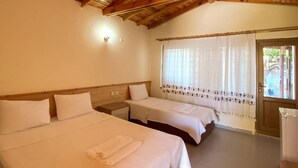 A room with two beds, wooden ceiling beams, a window with curtains, and a door. - Likya Adrasan (Kumluca)