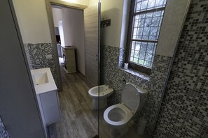 Douche, sèche-cheveux, bidet, serviettes fournies