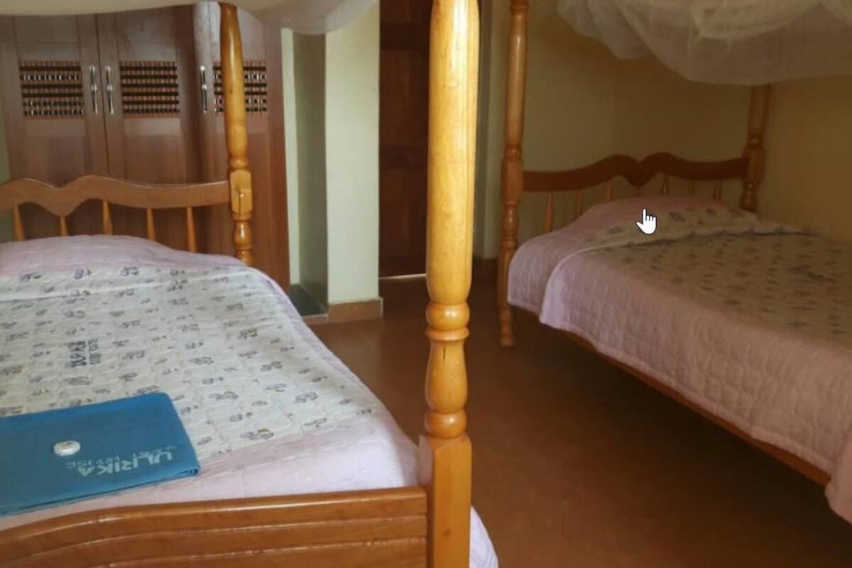 A bedroom with two wooden beds, one with a canopy, and a wardrobe with a patterned design.