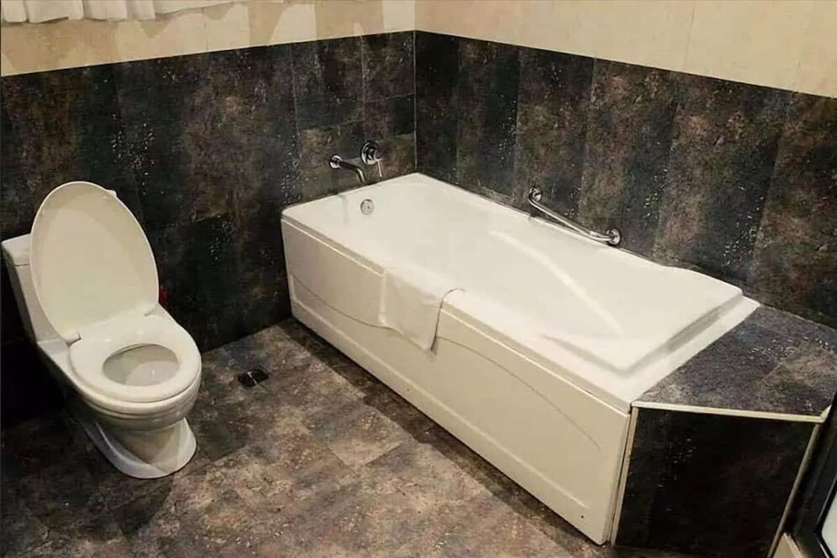 A bathroom with a white toilet, a bathtub, and dark tiled walls.