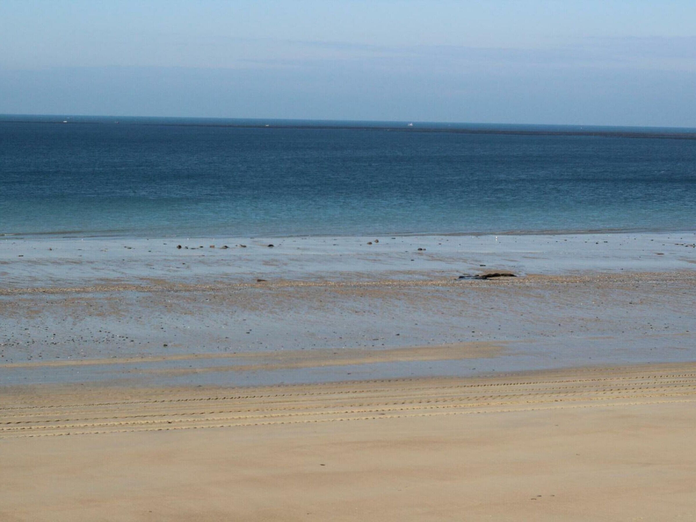 A beach with a clear view of the ocean and a sandy shoreline.