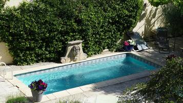 Seasonal outdoor pool, pool loungers