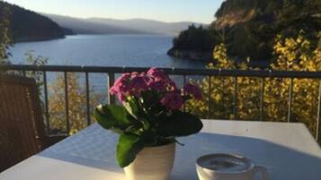 Ett bord med en bit tårta och en kopp kaffe, en krukväxt med rosa blommor och en utsikt över en sjö och kullar.
