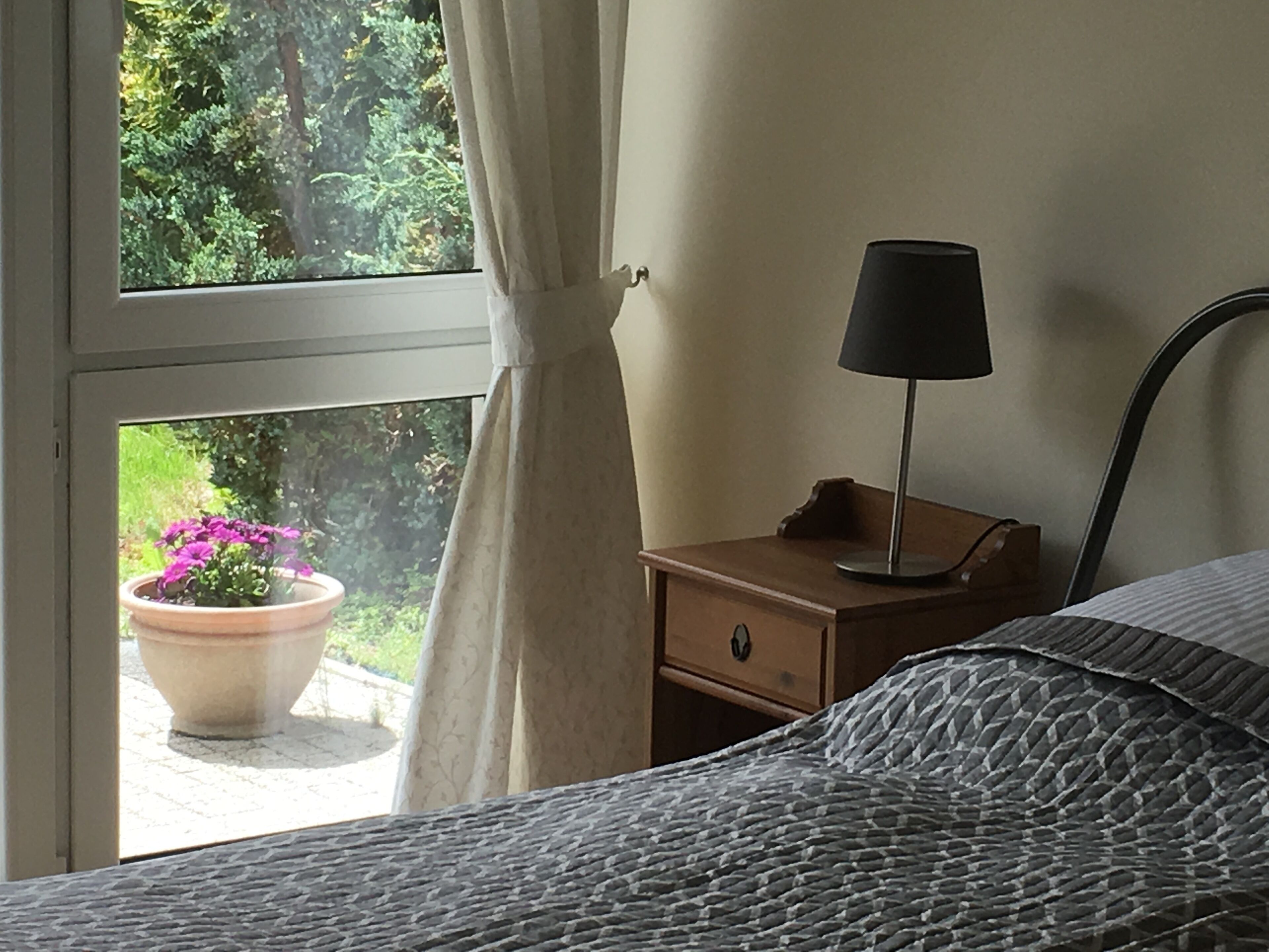 Un dormitorio con cama, mesita de noche con lámpara, ventana con cortinas y vistas al verdor exterior.