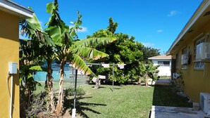 A residential area with a well-maintained lawn, a banana tree, and a fenced swimming pool. - Personal Touch Studio (Nassau)