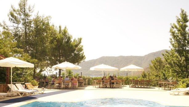 A poolside area with lounge chairs and umbrellas, surrounded by trees and a mountain view. - Likya Lodge Adrasan (Kumluca)