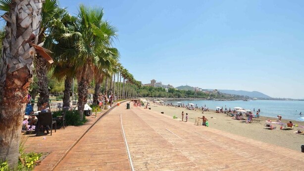 A wooden boardwalk with palm trees, leading to a beach with people and umbrellas.