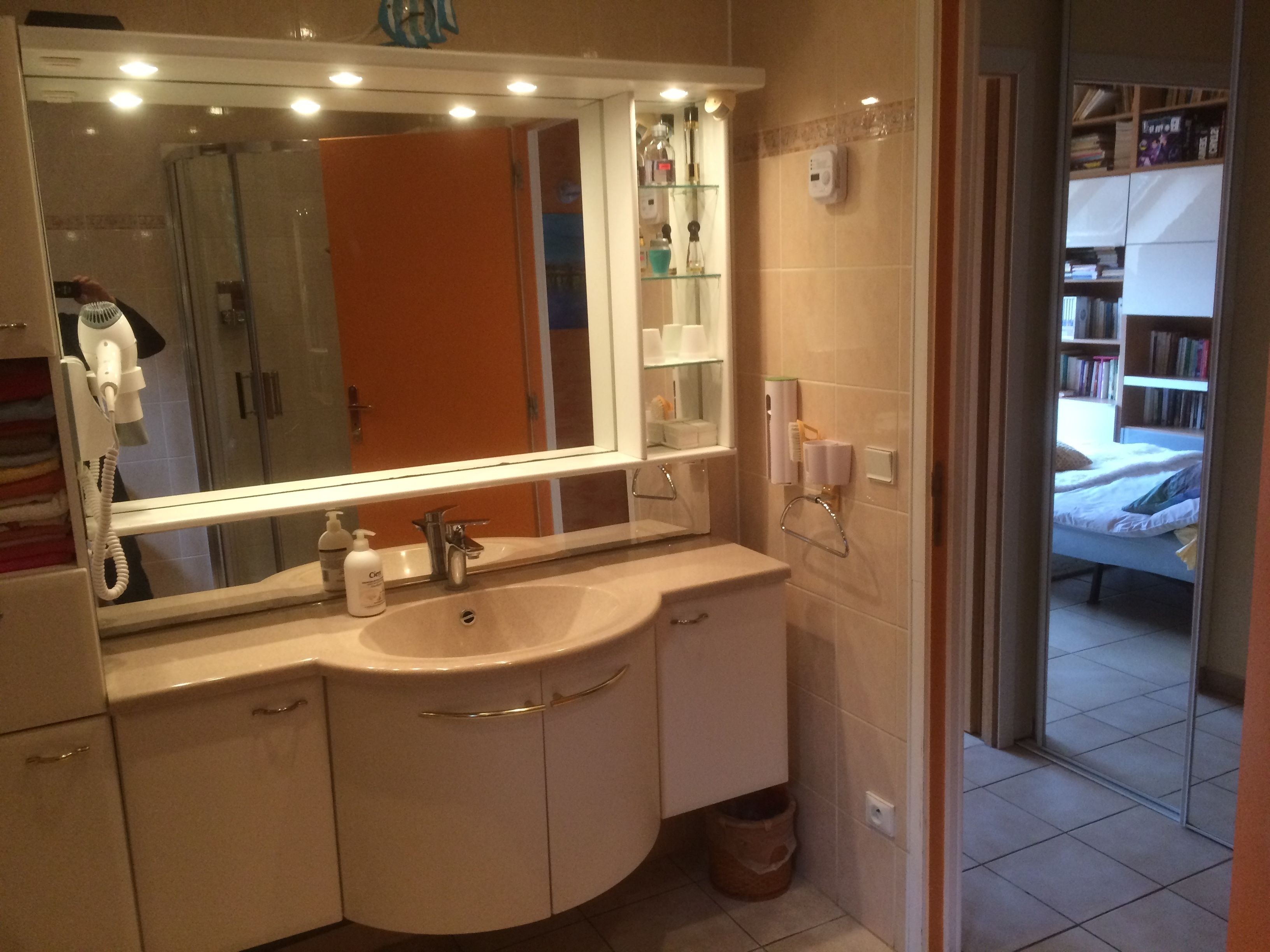 A bathroom with a large mirror, a sink, and a vanity with drawers. There is a hairdryer on the wall and a towel rack.