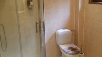 A bathroom with a glass-enclosed shower, a toilet, and a bidet.