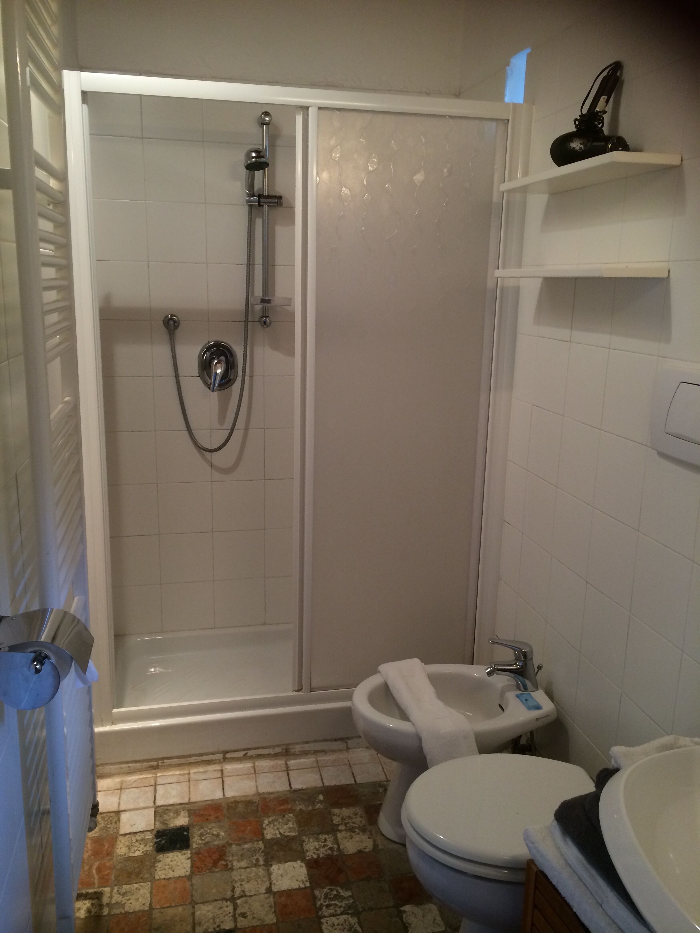 A bathroom with a shower, toilet, bidet, and sink.