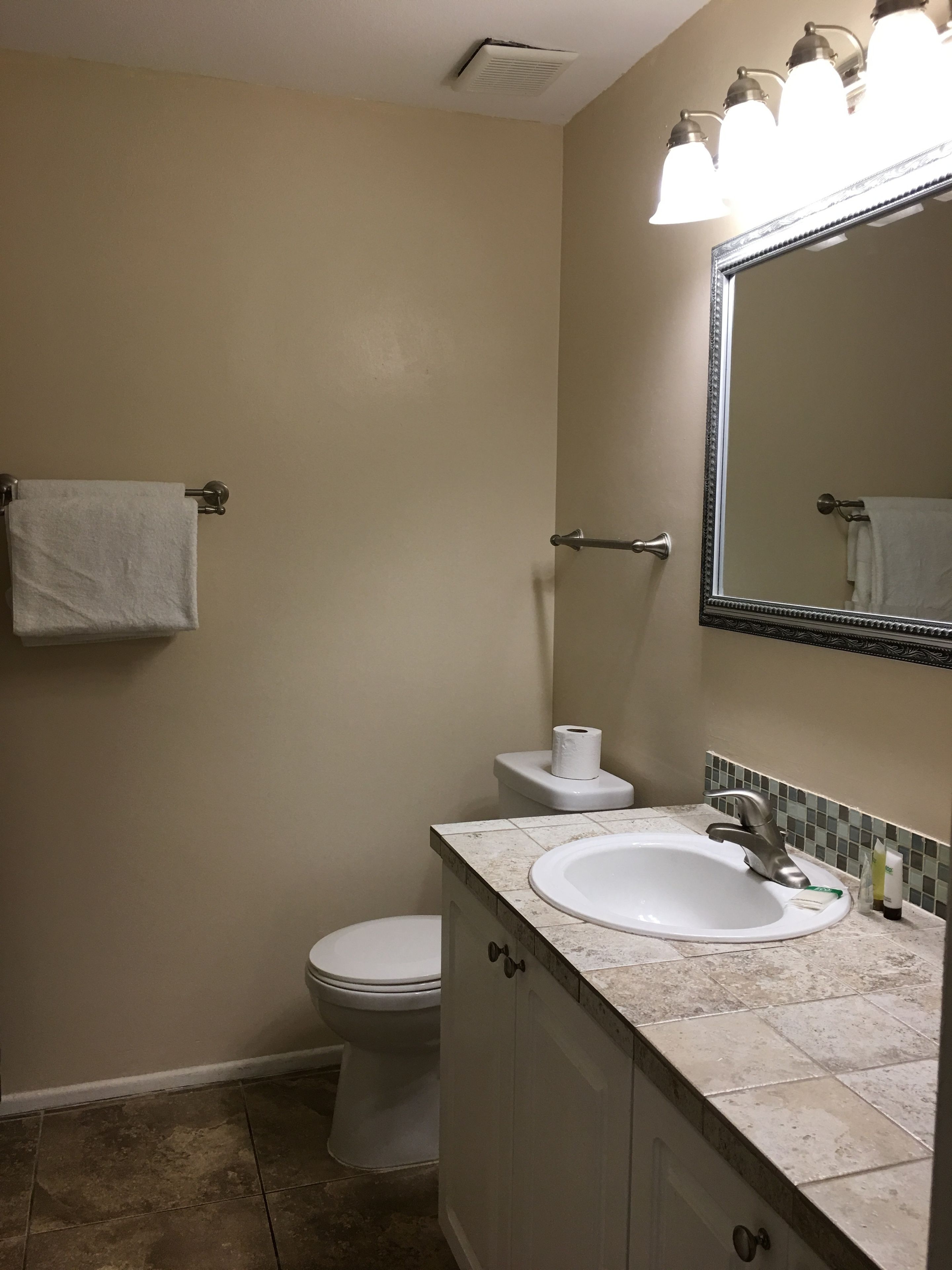 A bathroom with a toilet, sink, and mirror.