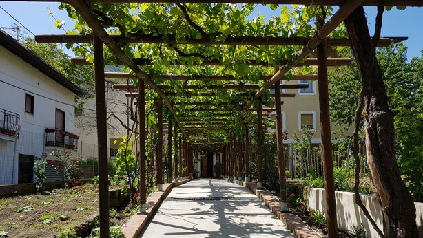 A pathway under a pergola with plants, bordered by a brick wall and a fence. - Hotel Gentile (Agerola)