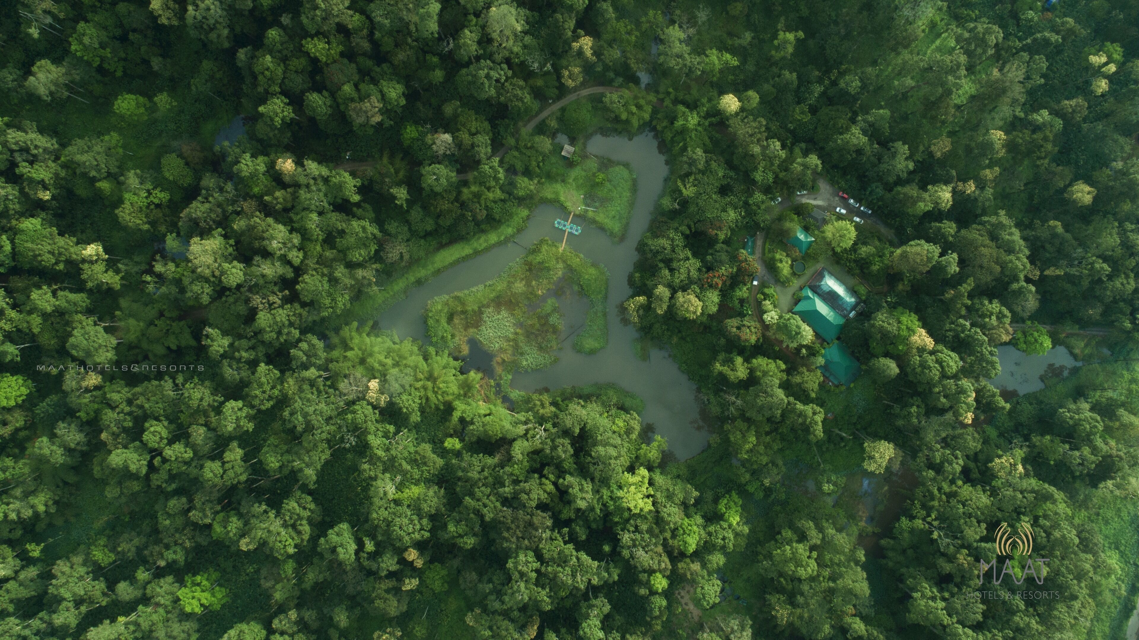 An aerial view of a forested area with a small building and a water body.