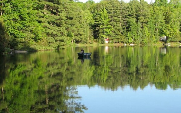 Un lago tranquilo rodeado de un bosque denso, con una pequeña embarcación en el centro.