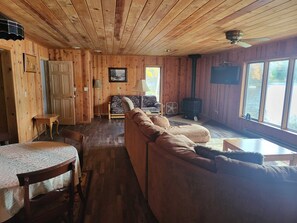 TV, fireplace, music library