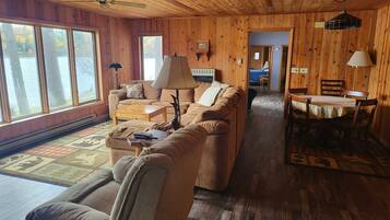 TV, fireplace, music library