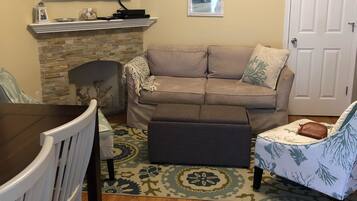 Smart TV, fireplace, Netflix, books