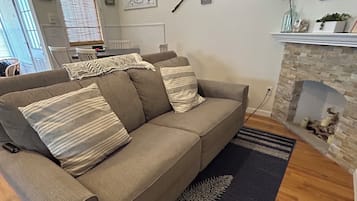 Smart TV, fireplace, Netflix, books