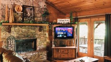 TV connectée, cheminée, lecteur de DVD, livres