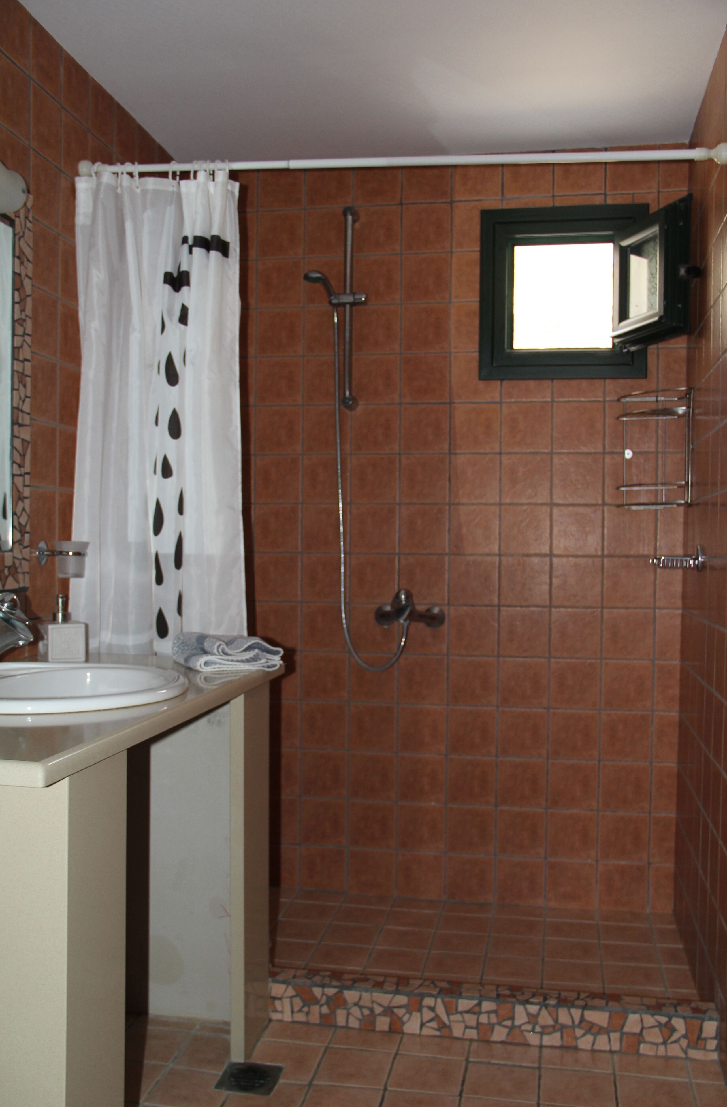 Un baño con ducha, lavamanos y espejo.