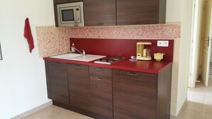 A compact kitchen with a microwave, sink, and coffee maker. - Penthouse. 4 pers. Private Solarium Terrace 105m2, pool 12 m by 6 (Saint-Paul-De-Vence)