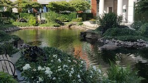 Un bâtiment moderne doté d’un jardin sur le toit, d’un petit étang et d’une végétation luxuriante.