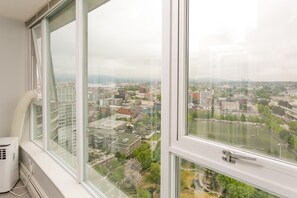 A room with large windows overlooking a cityscape, including buildings and a river.