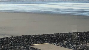 Una playa con olas y cielo despejado.