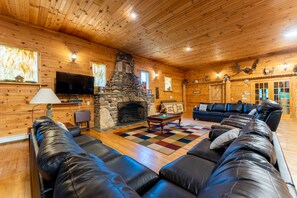 Smart TV, fireplace, DVD player, books