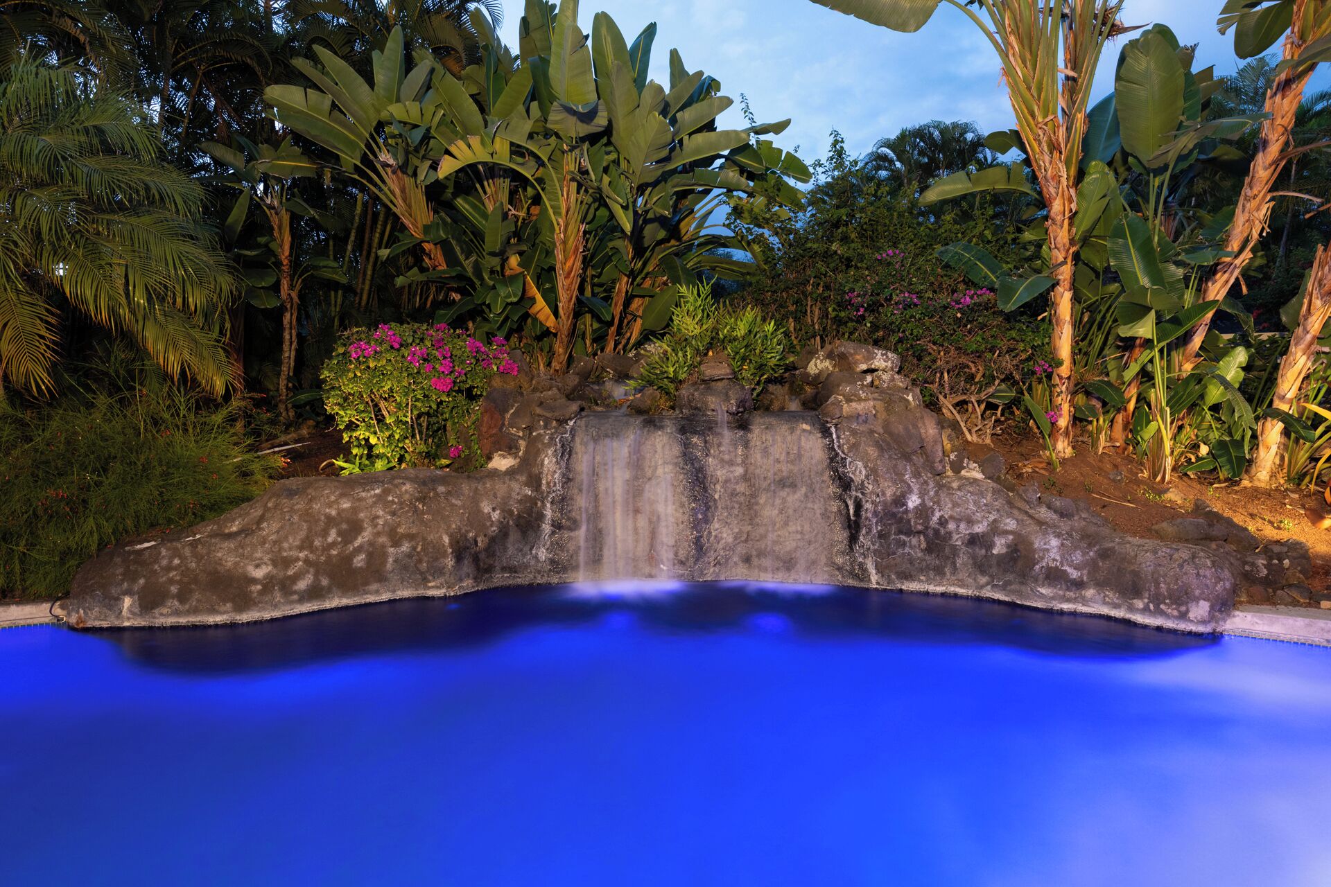A natural pool with a waterfall, surrounded by tropical vegetation and rocks.