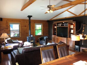 Smart TV, fireplace, books, stereo