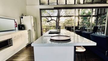 Fridge, stovetop, dishwasher, coffee/tea maker