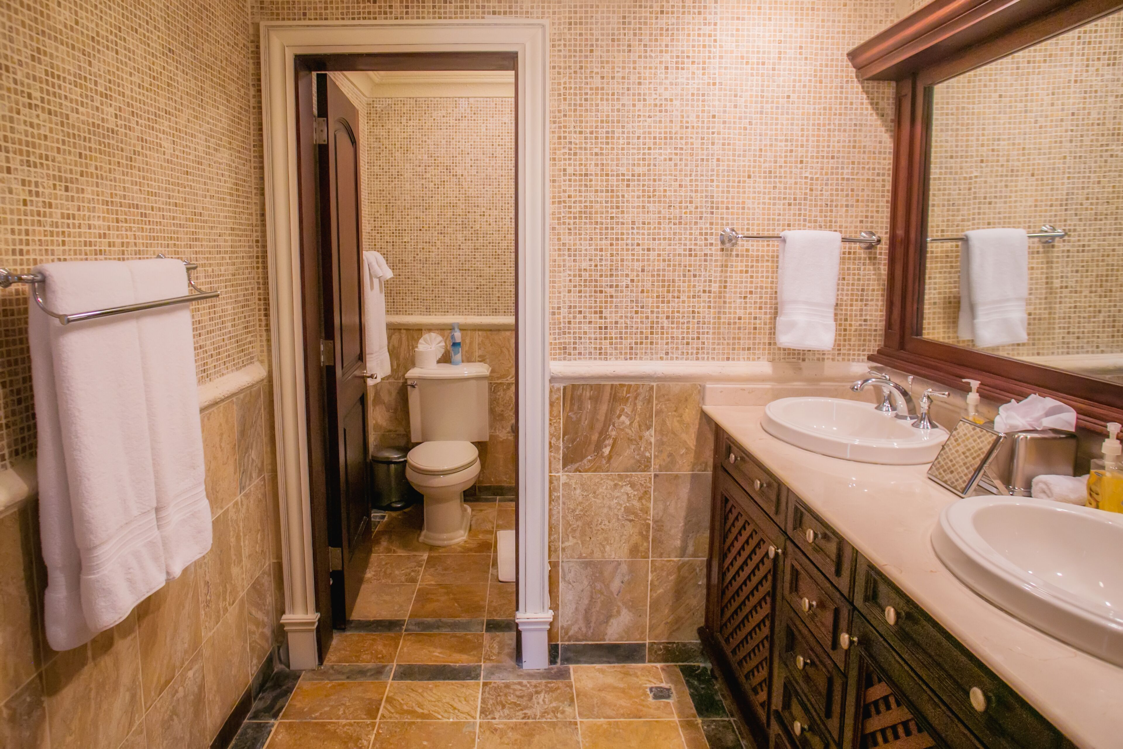 A bathroom with two sinks, a toilet, and a mirror.