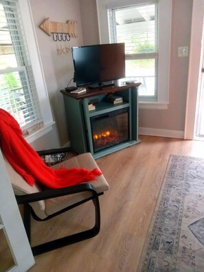 Smart TV, fireplace, books, stereo