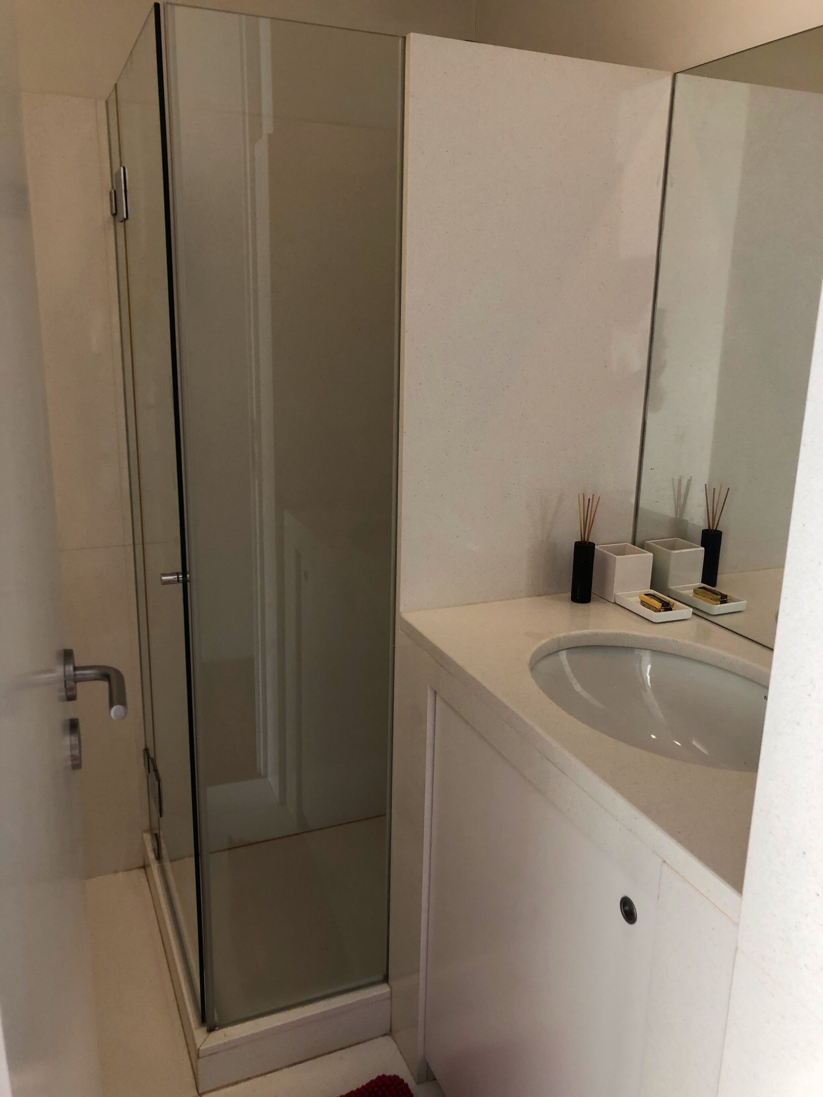 Een moderne badkamer met een glazen douchecabine, een witte wastafel en een spiegel erboven.