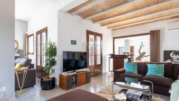 Una televisión, una chimenea, un reproductor estéreo