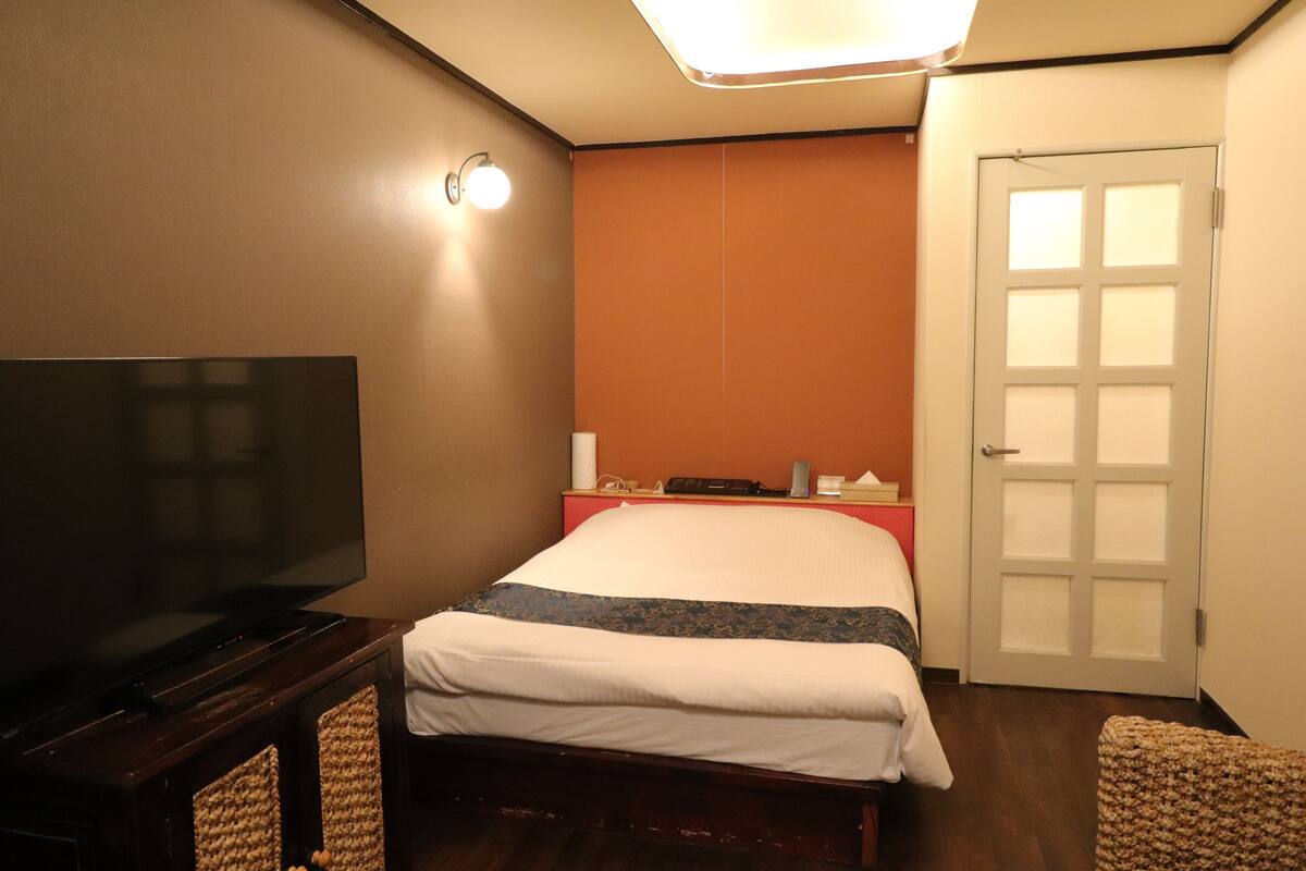Une chambre d’hôtel avec un lit, une télévision, une table de chevet et une porte.