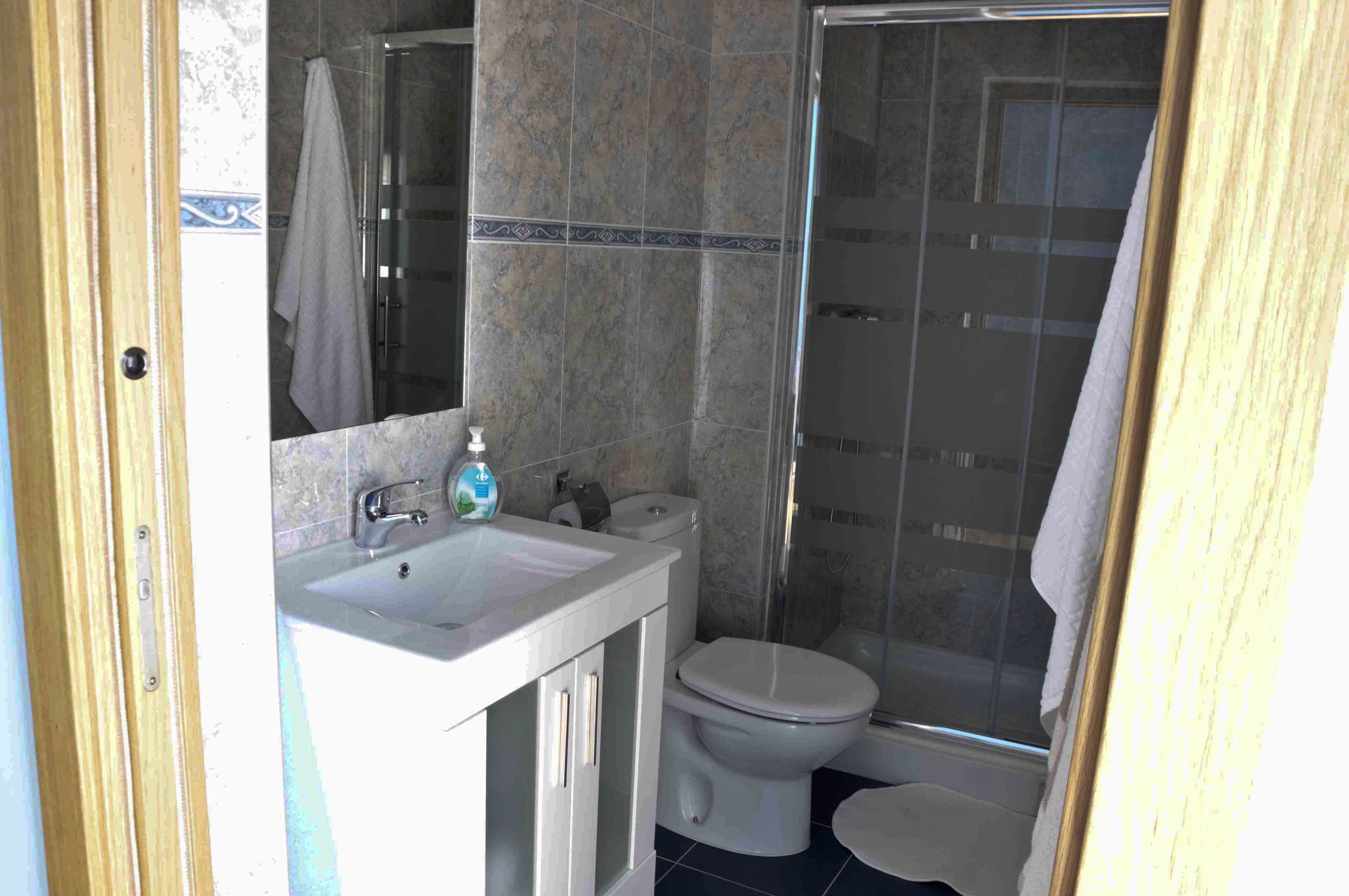 Een badkamer met een wastafel, toilet en douche.