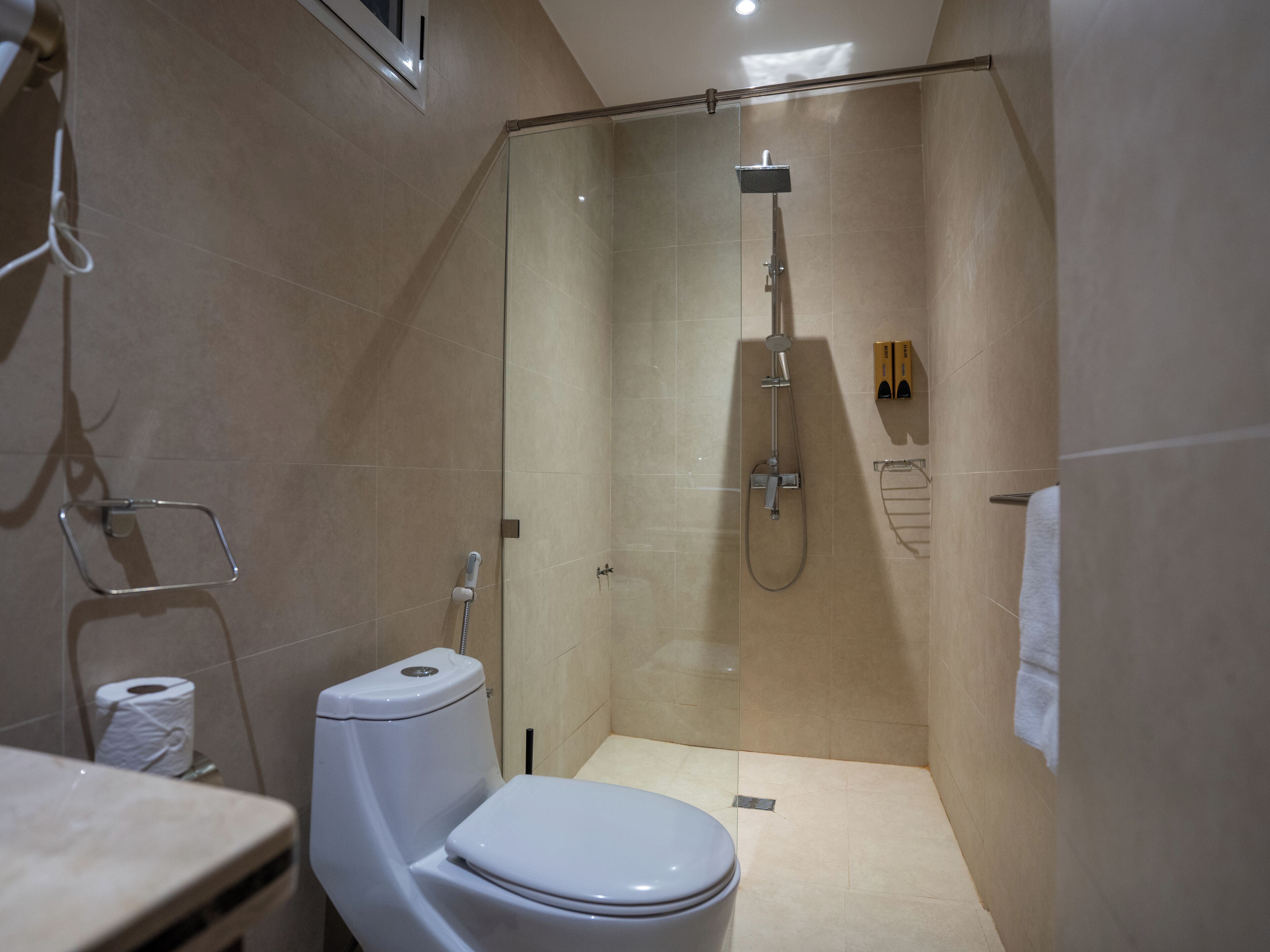 Ein modernes Badezimmer mit einer Duschkabine, einer Toilette und einem Handtuchhalter.