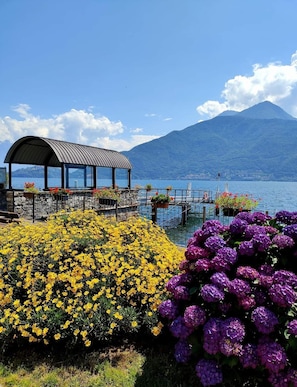 Overlooking a serene lake, this platform offers breathtaking views of a distant mountain.