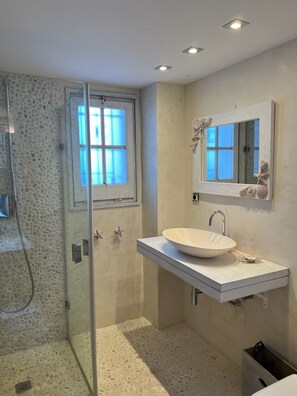 Shower, hair dryer, towels, soap
