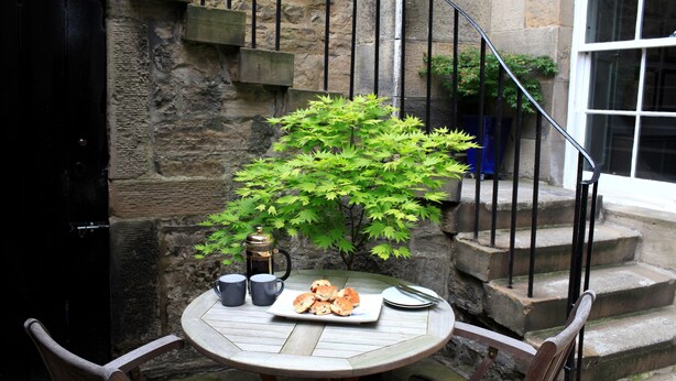 Une table ronde en bois, sur laquelle se trouve une assiette de pâtisseries, deux tasses et un thermos.