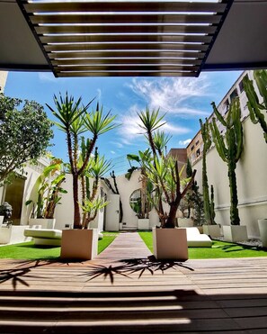 Un patio con palmeras, una terraza de madera y un edificio blanco con una ventana curva.