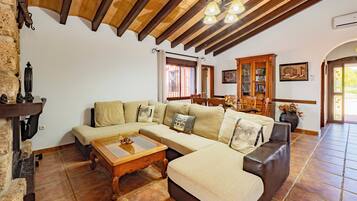 TV connectée, cheminée, livres