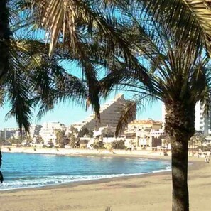 On the beach, sun-loungers