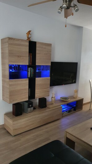 Smart TV, DVD player, books, stereo